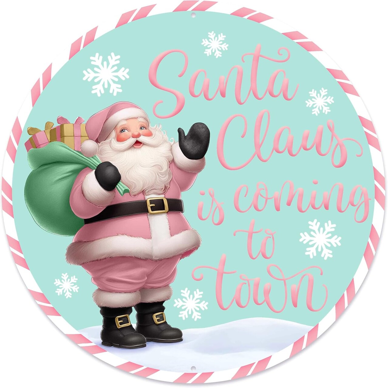 Pastel Pink & Mint 12" Santa Claus Christmas Wreath Sign Centerpiece, Flat Round Metal Plate - For Craft Accents and Decorations (Light Blue, Pink, 12" Dia)